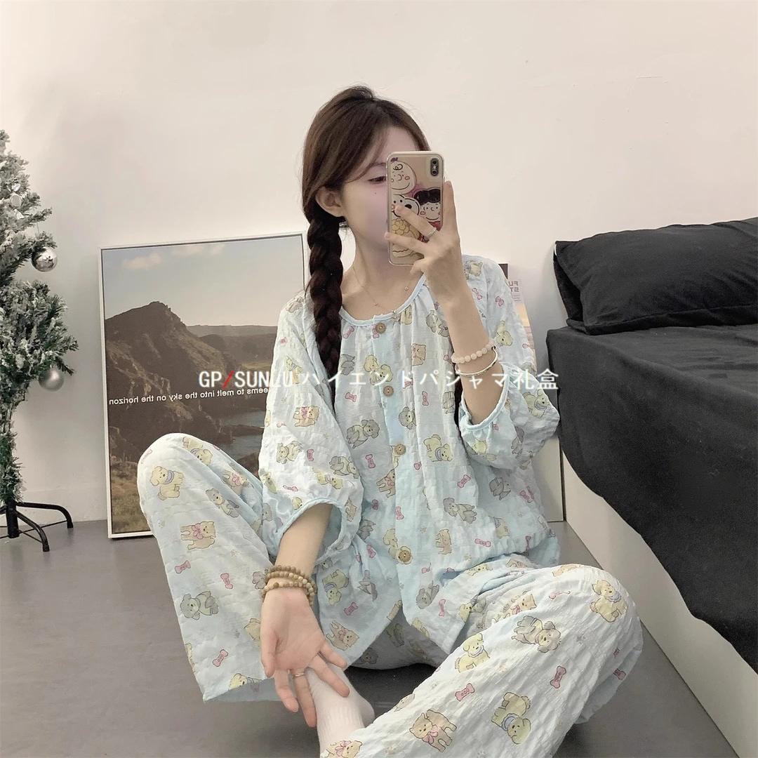 gpsunlu夏季空调房睡衣女春秋长袖长裤韩系棉纱宽松家居服可外穿