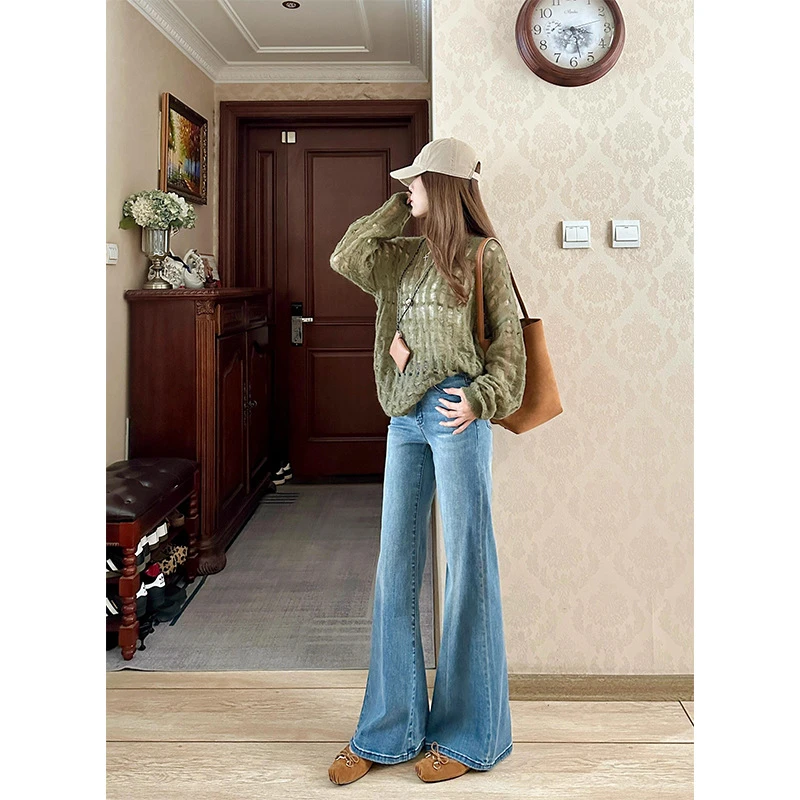 港风蓝色高腰阔腿大喇叭牛仔裤女2024秋季宽松显瘦垂感拖地长裤子