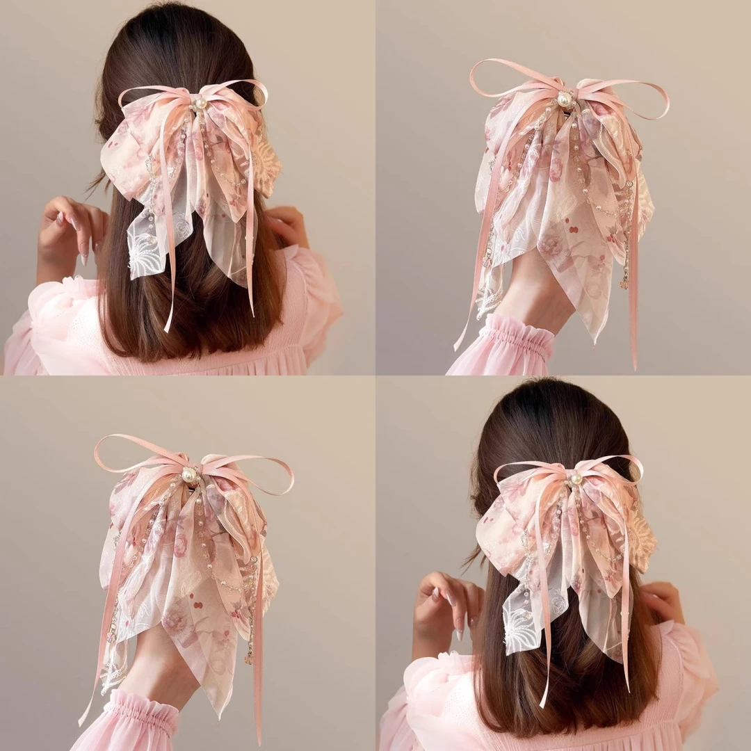 新中式印花蝴蝶结珍珠流苏飘带抓夹女高级感马尾夹半扎发鲨鱼夹子