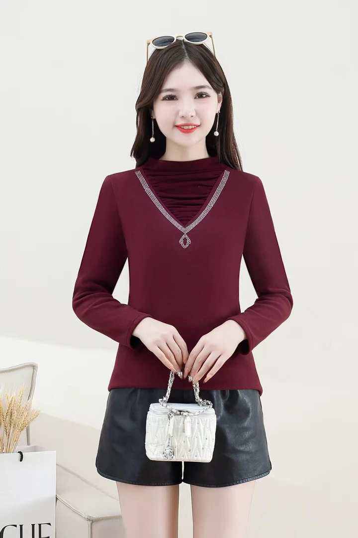 999【衣长57】加绒烫钻打底衫女2025秋冬新款时尚显瘦T恤【B2】