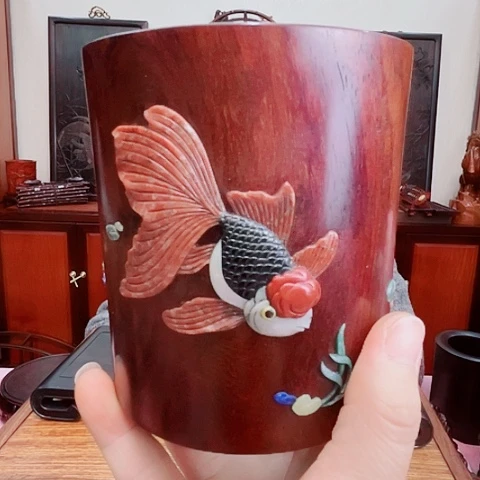 檀香紫檀（小叶紫檀）小叶紫檀嵌原石笔筒