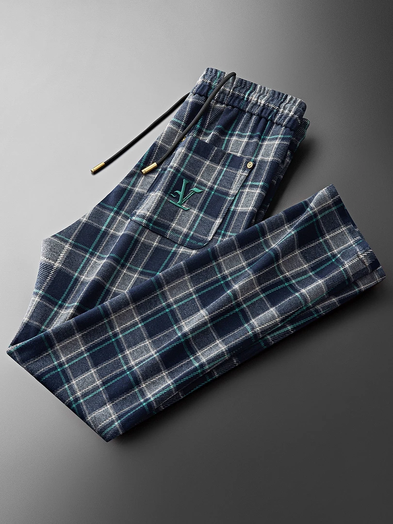 轻奢秋冬时尚英伦风格子加厚磨毛呢裤男士修身直筒运动卫裤休闲裤