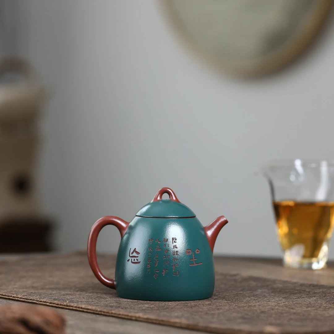 宜興紫砂壺半手工秦權壺180毫升刻绘雙色家用茶具紫砂壶泡茶壶