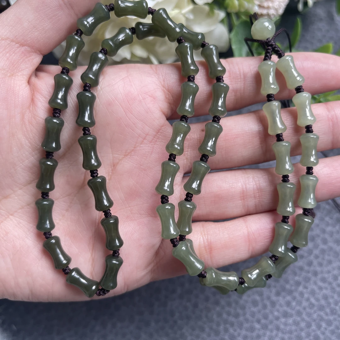 天然和田玉湖水绿竹节渐变款6×10mm节节高 纯手工编织玉牌挂坠绳