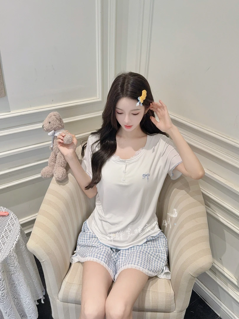 【海盐泡芙】睡衣女夏季套装甜美纯欲带胸垫可外穿短袖小清新家居服