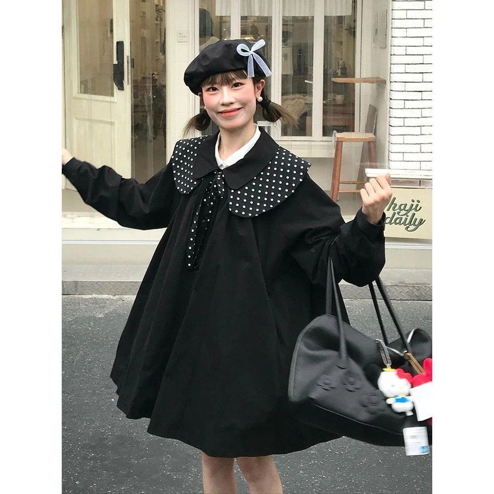 小魔女 秋冬新款甜美宽松黑色斗篷外套波点拼接娃娃领系带风衣