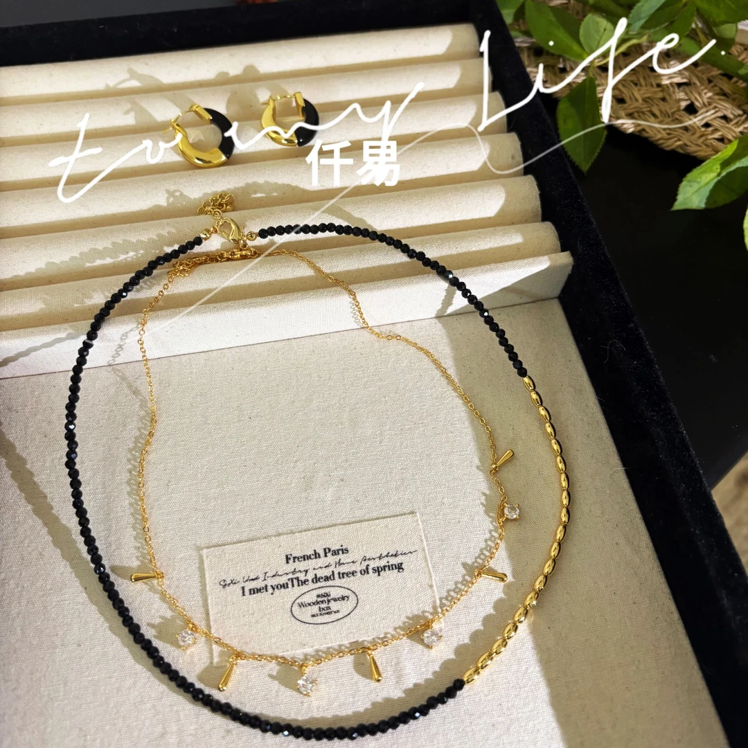 铜合金项链 复古ins风极简主义轻奢天然宝石锆石串珠项链饰品