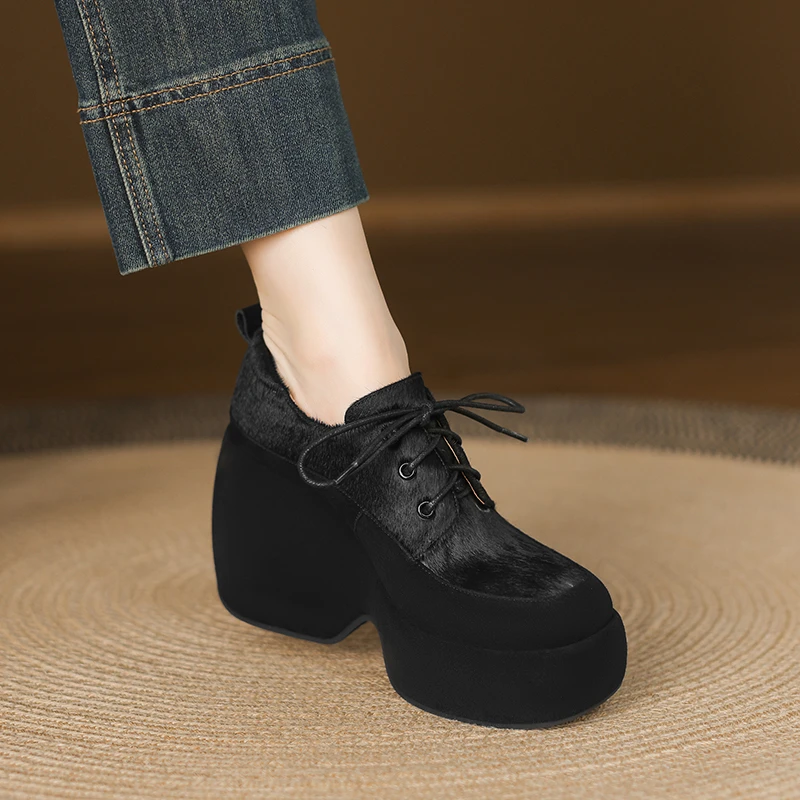 10cm圆头厚底粗跟系带单鞋豹纹复古深口真皮女鞋小个子松糕高跟鞋