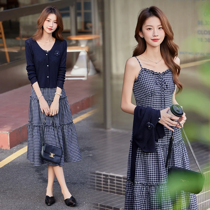 法式复古格子套装裙女2025秋季新时尚显瘦气质针织外搭两件套裙潮