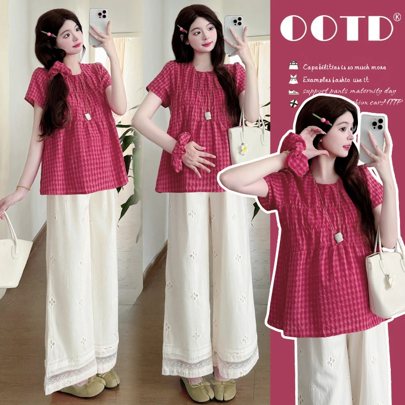 孕妇装套装2025新款夏季韩系宽松树莓红短袖上衣镂空阔腿裤两件套