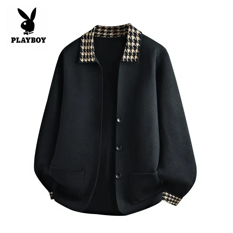 花花公子秋冬季翻领纽扣高级感宽松开衫休闲舒适毛衣针织衫外套男