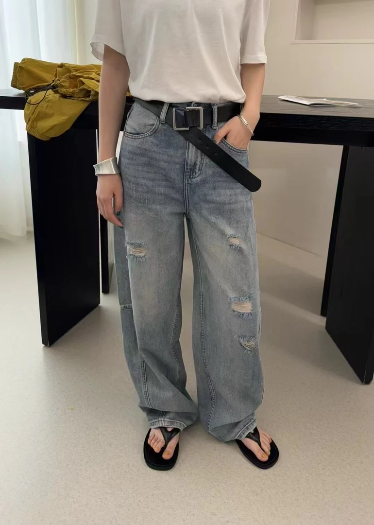 复古水洗破洞弯刀裤