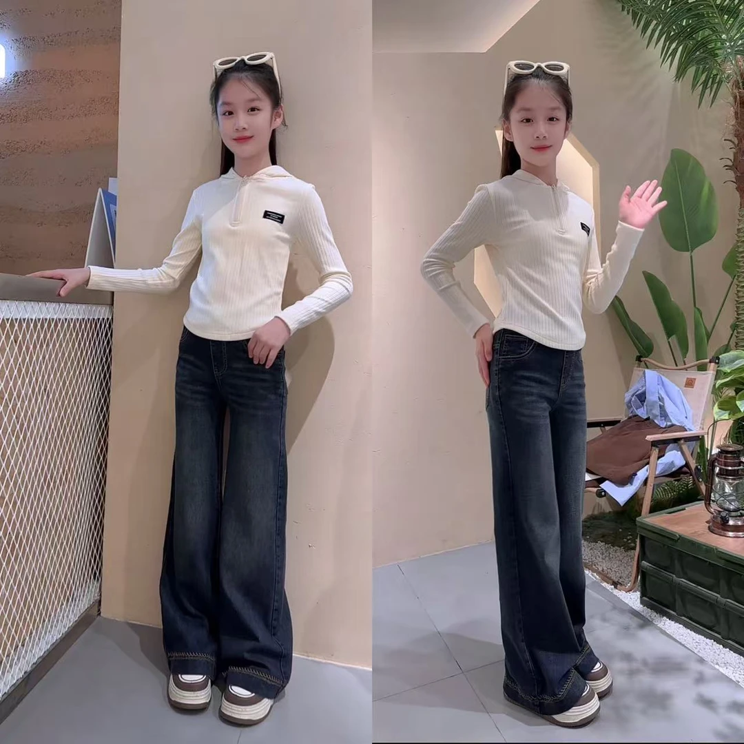 女童春秋款中大童连帽打底衫牛仔12-15岁初中女孩潮装秋季