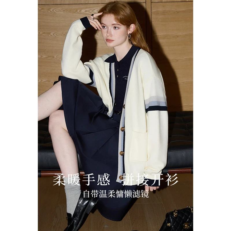 库恩玛维niu系学院风针织开衫女2025早春新款条纹设计感毛衣外套