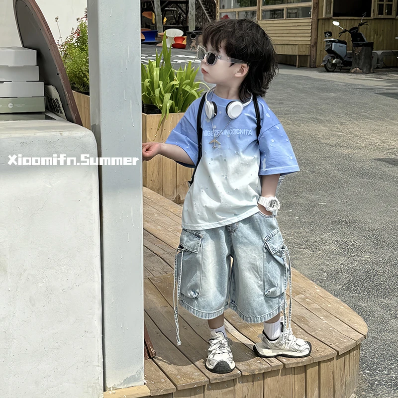 男童2025夏潮流两件套透气短袖短袖短裤帅气3岁到6岁到12岁韩版儿