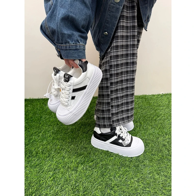 2025新款厚底真皮休闲舒适系带百搭饼干面包鞋60719