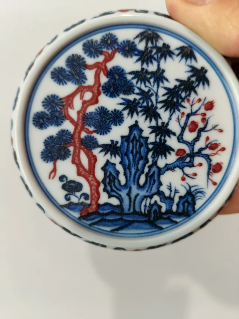 釉里红松竹梅盖置手绘青花陶瓷圆形茶具釉下彩青花釉里红茶道