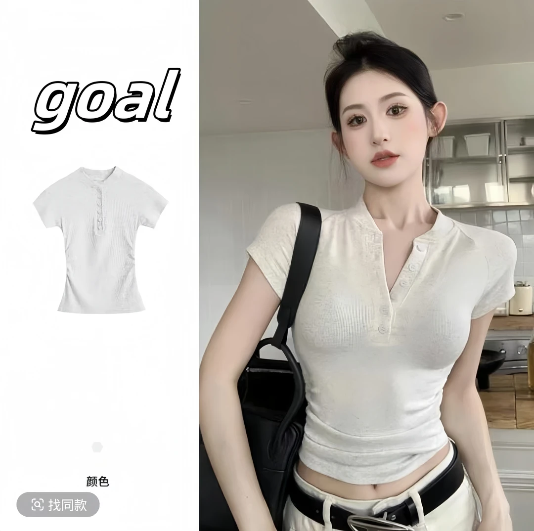 2025显瘦美式纽扣半开领短袖T恤夏季女上衣修身褶皱短款打底衫潮