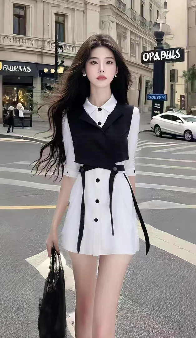 轻奢高端大气黑白撞色衬衫领短袖修身收腰连衣裙女时尚氛围感女装