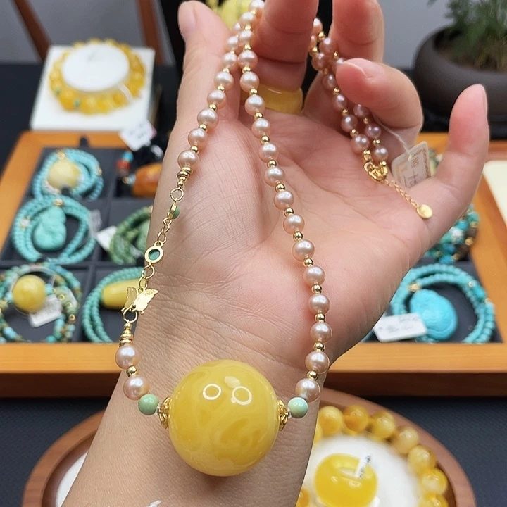 蜜蜡套链银S925镀金镶嵌天然蜜蜡圆珠锁骨链