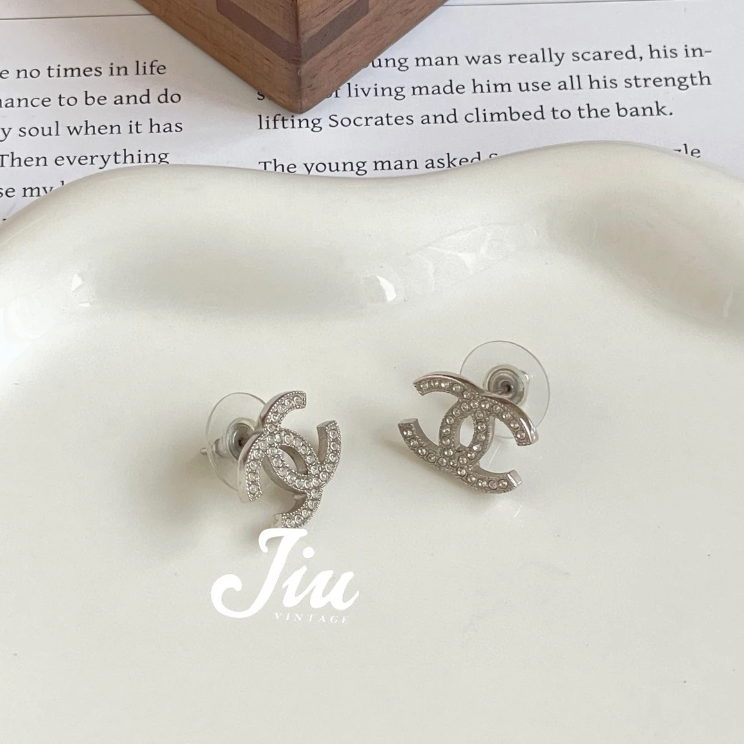 99新 Chanel/香奈儿 双c带钻耳钉白金中检CJM15-0020