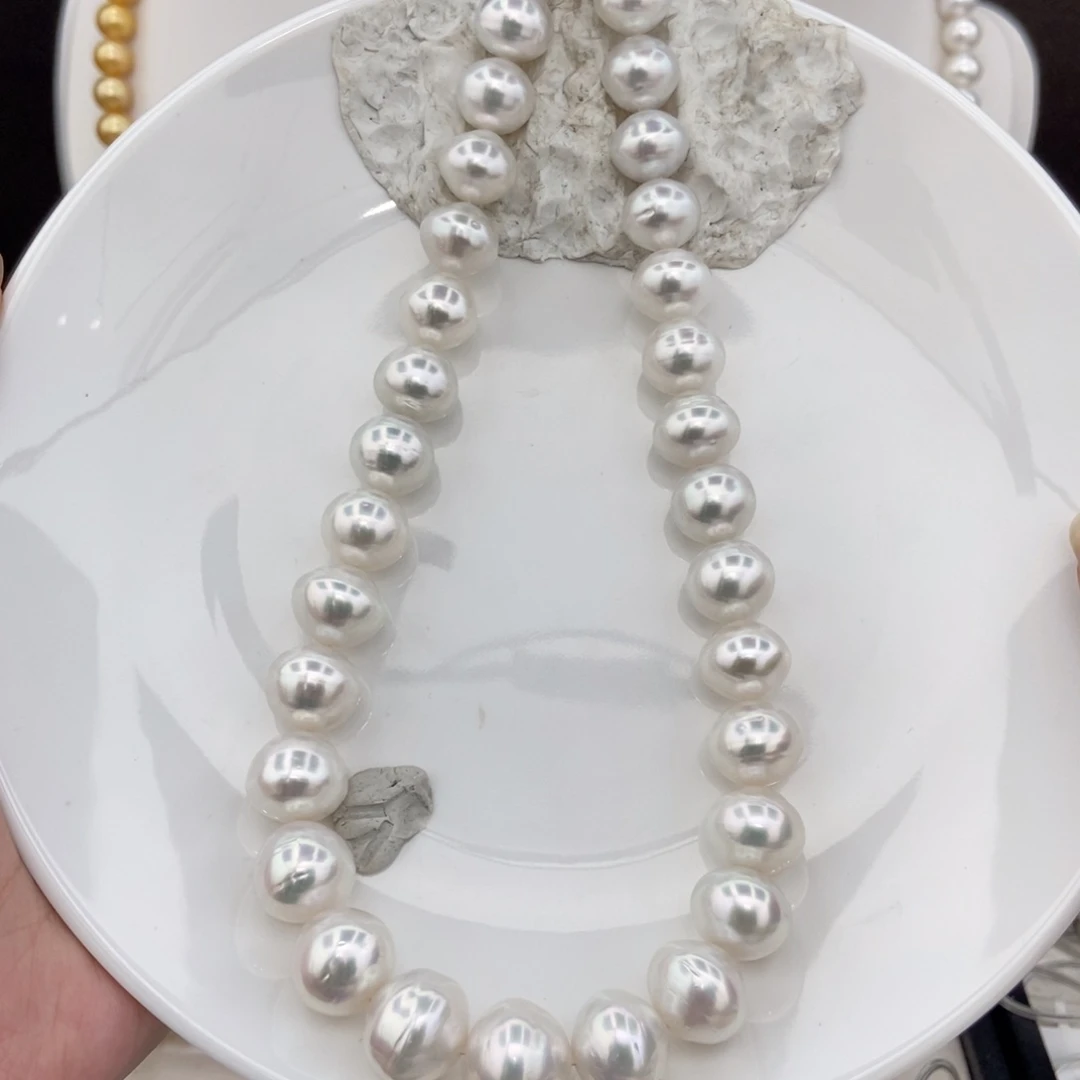 海水珍珠银S925镶嵌项链12-14/33颗 宝石光饱满圆