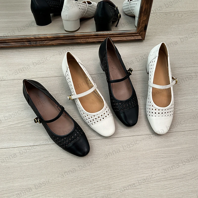 3.5cm/ED1967牛皮圆头粗跟玛丽珍鞋女春夏百搭镂空一字带中跟单鞋