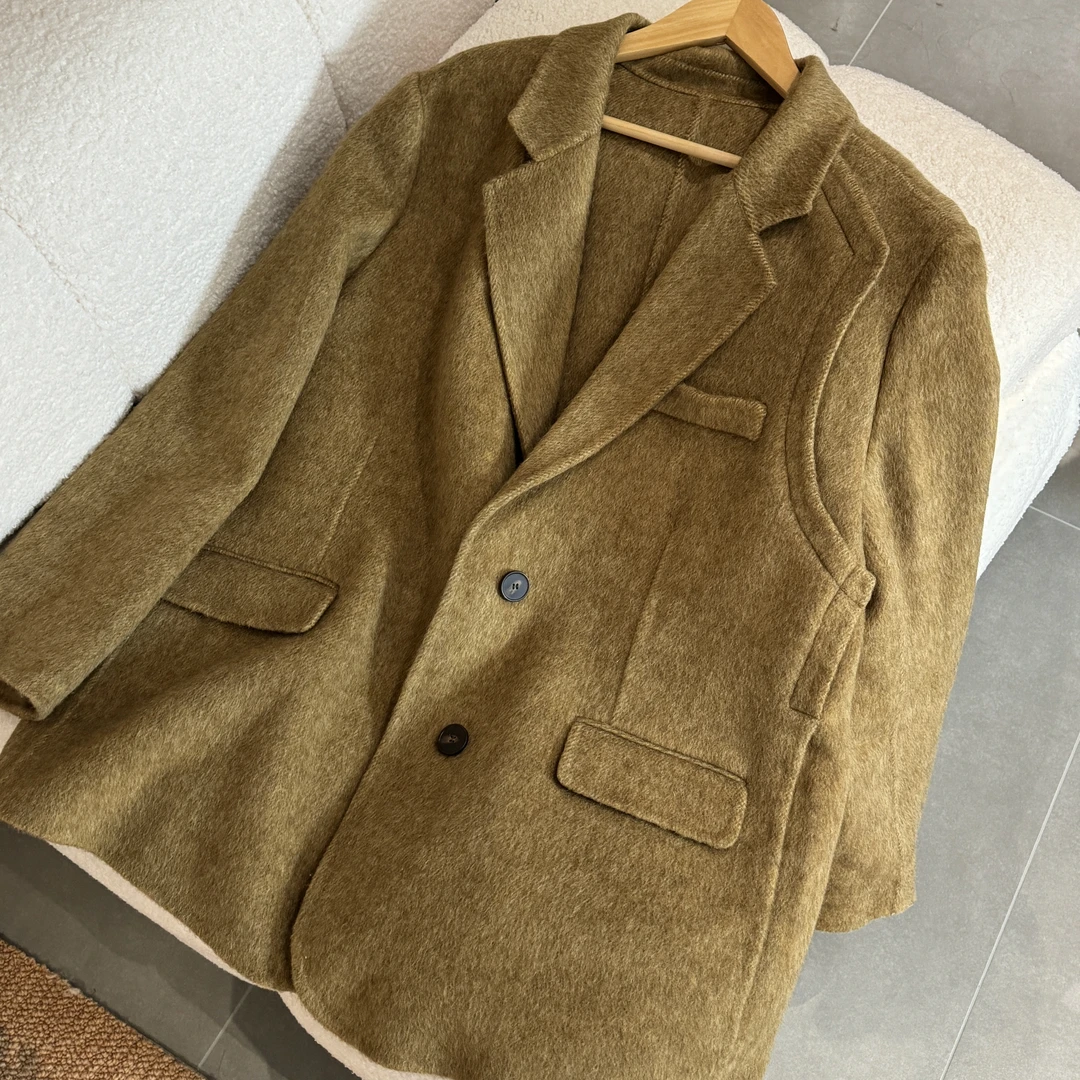 【星如雨】羊毛桑蚕丝牦牛绒双面长毛西装领中长款毛呢外套女上衣