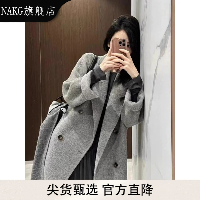 NAKG灰色双面绒大衣女款2025秋冬高级感韩系小个子呢子毛呢外套女
