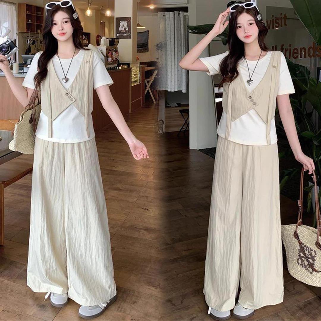 时尚套装女2025夏季新款洋气假两件圆领拼接短袖上衣阔腿裤两件套