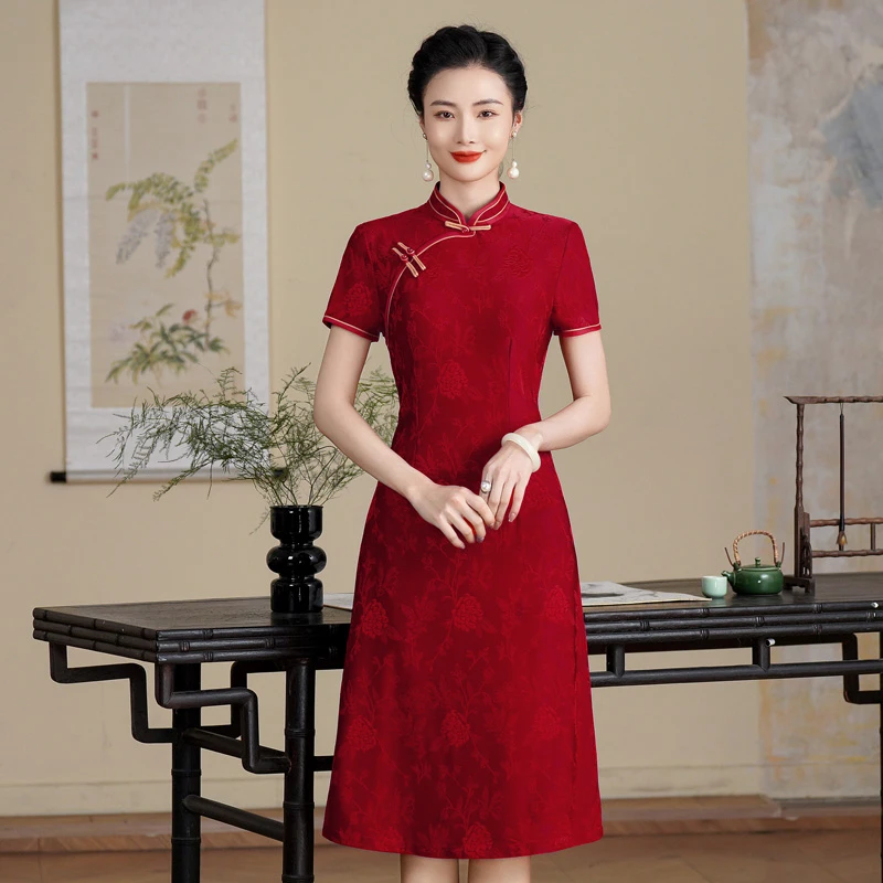 中考旗袍红色提花弹力显瘦夏季复古中式中国风气质高贵连衣裙改良
