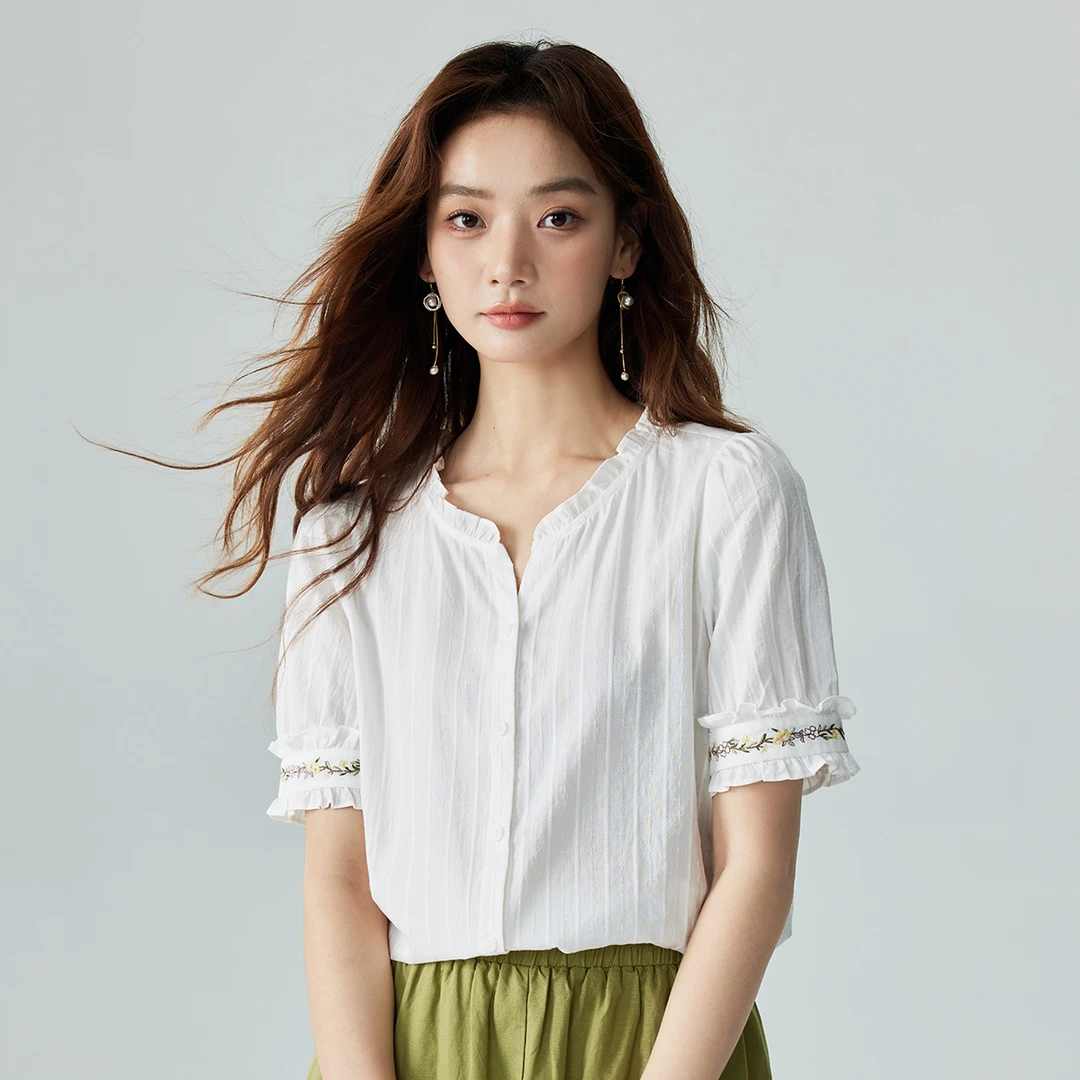 【柴碧云】茵曼田园木耳边短袖衬衫绣花休闲百搭衬衣女K18424032