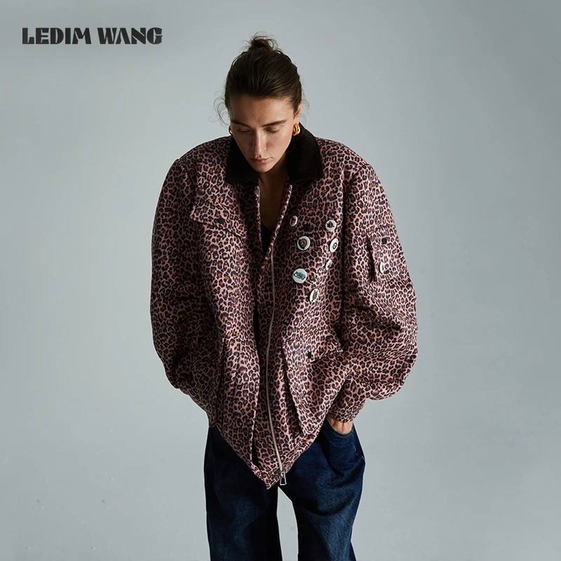 ledim wang【明星同款】豹纹多袋翻边夹克女2024新款徽章宽松外套