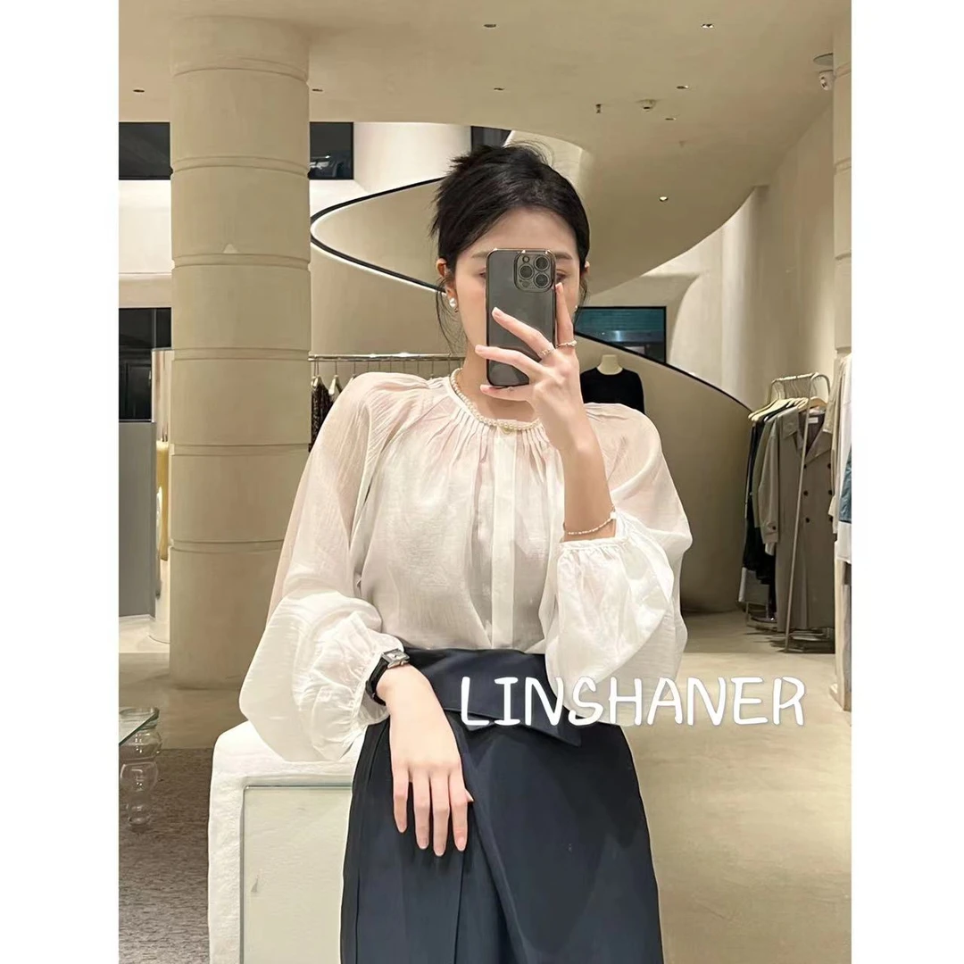 林闪儿-轻薄圆领打褶衬衫H7385