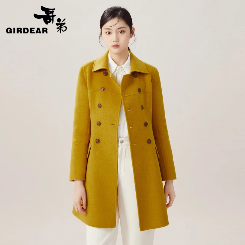 哥弟绵羊毛时尚通勤气质双排扣翻领伞型长袖双面呢外套女1400667