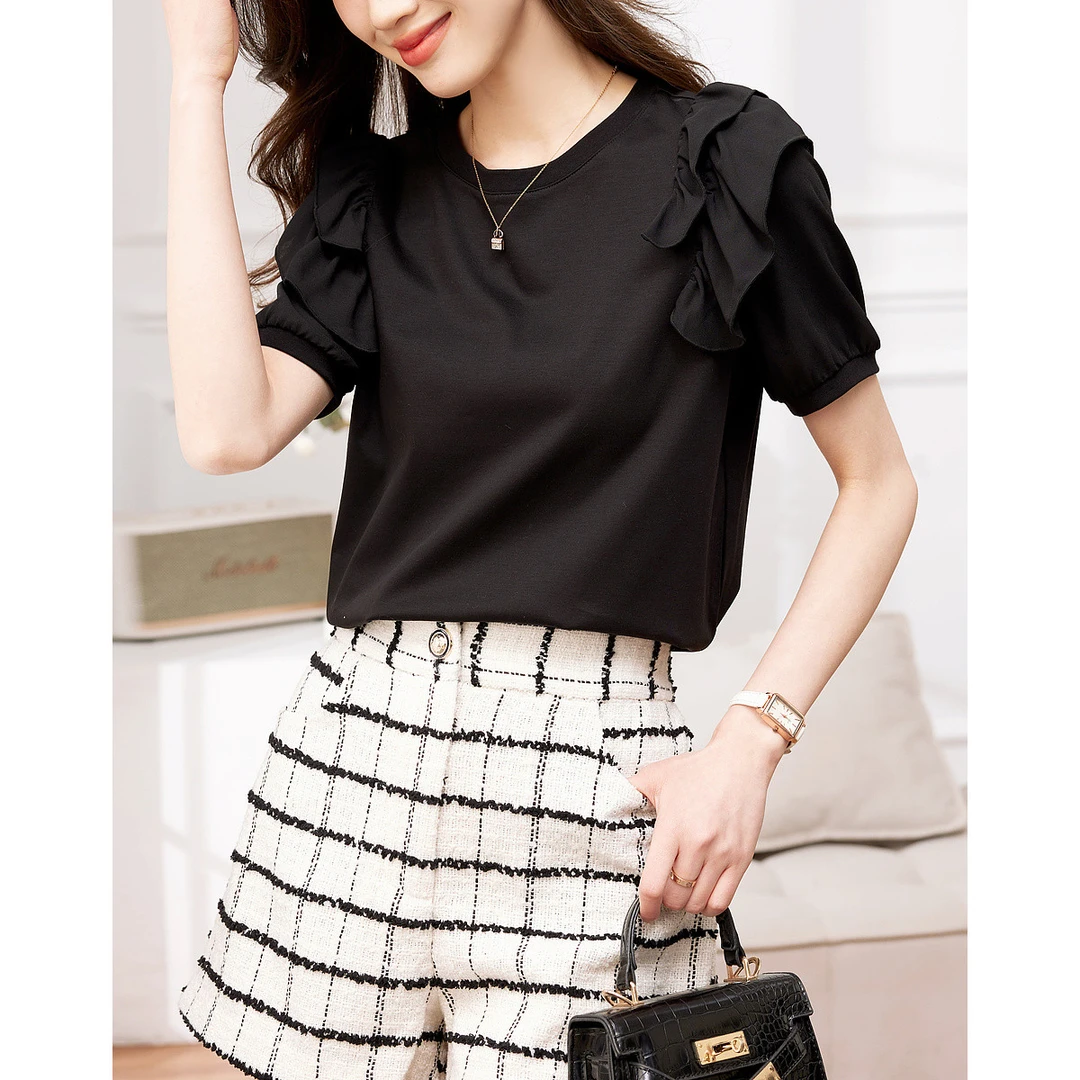 【重百专属】德·玛纳棉氨拼接女式t恤夏季淑女圆领微弹短袖t恤女