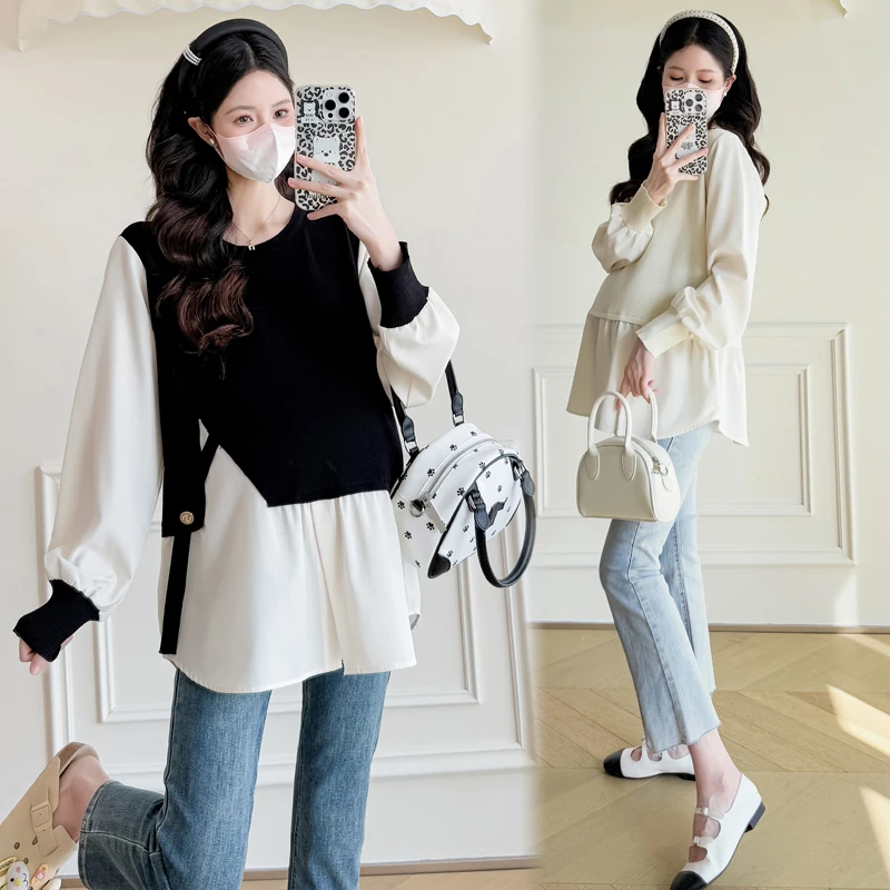 春秋通勤新款2025孕妇装时尚上衣拼接设计感上班假两件衬衫娃娃衫