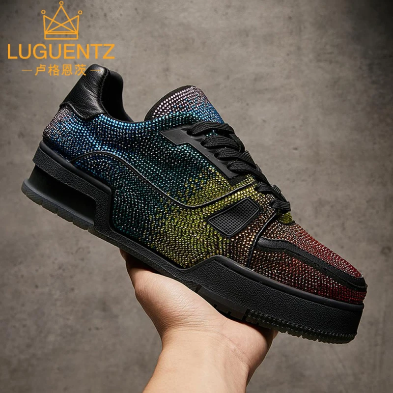 LUGUENTZ欧洲站潮流新款男鞋休闲百搭烫钻男士休闲鞋系带高端板鞋