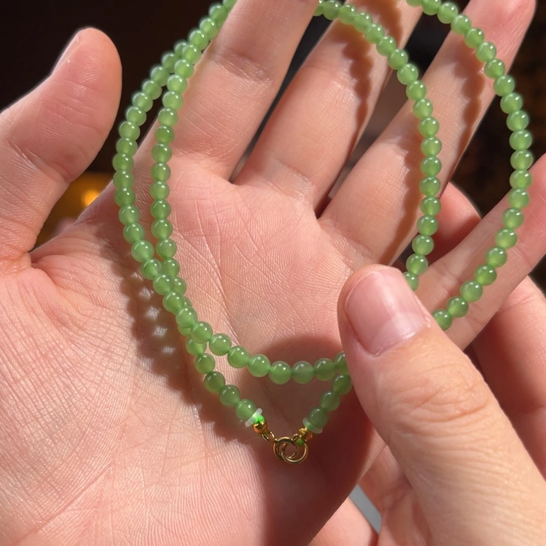 和田玉银S925镀金镶嵌颈饰碧玉苹果绿色4mm440