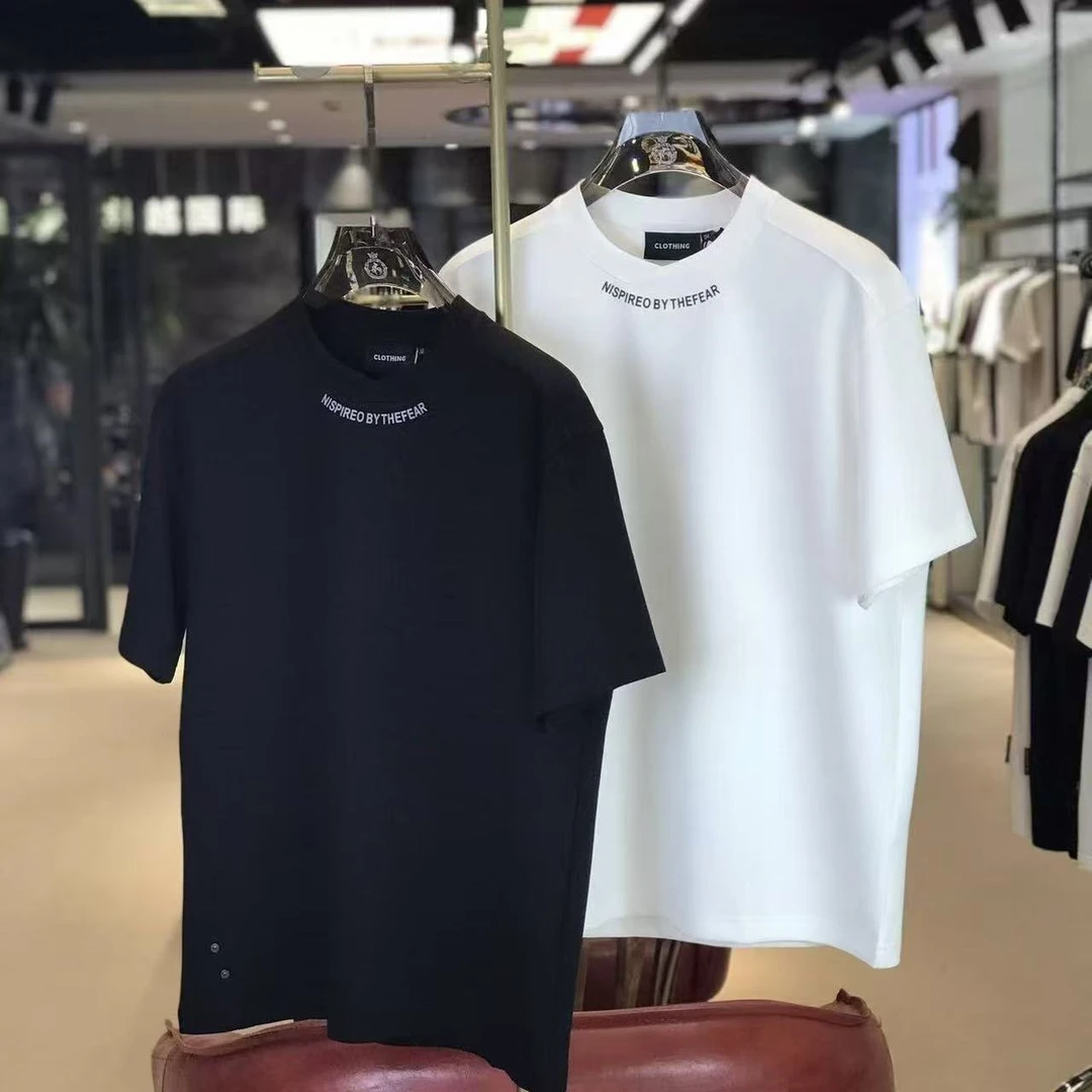 【VanJazny】新款男士时尚潮流简约字母印花纽扣装饰圆领短袖3587