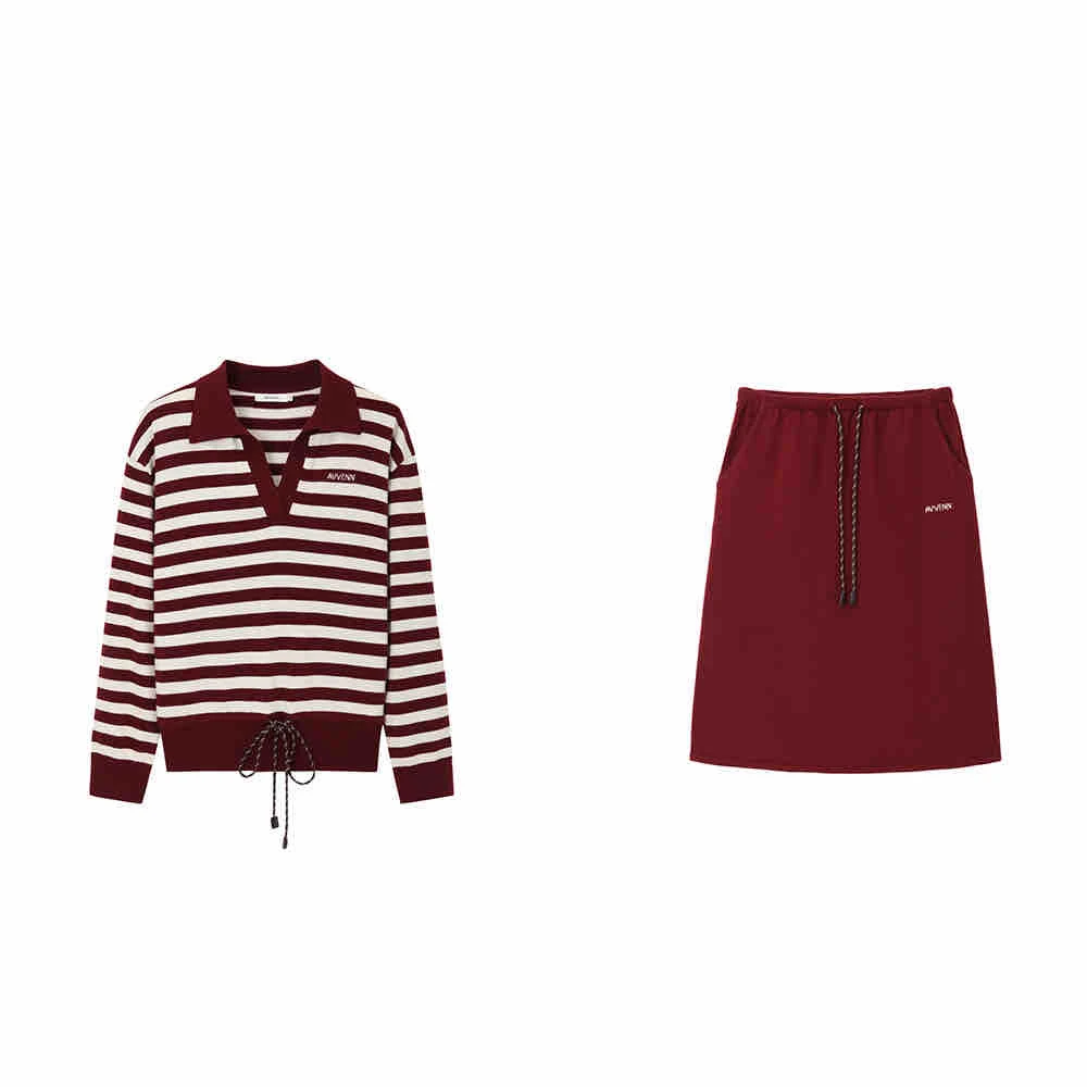 【茉舍】AVVENN 2025 春 条纹针织上衣半裙套装女AL12403756-1690