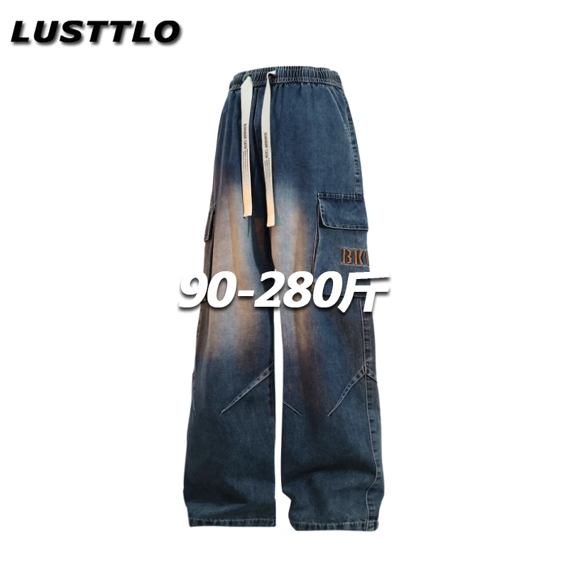 春季男士牛仔裤宽松大码水洗工装多口袋美式潮牌复古百搭直筒裤