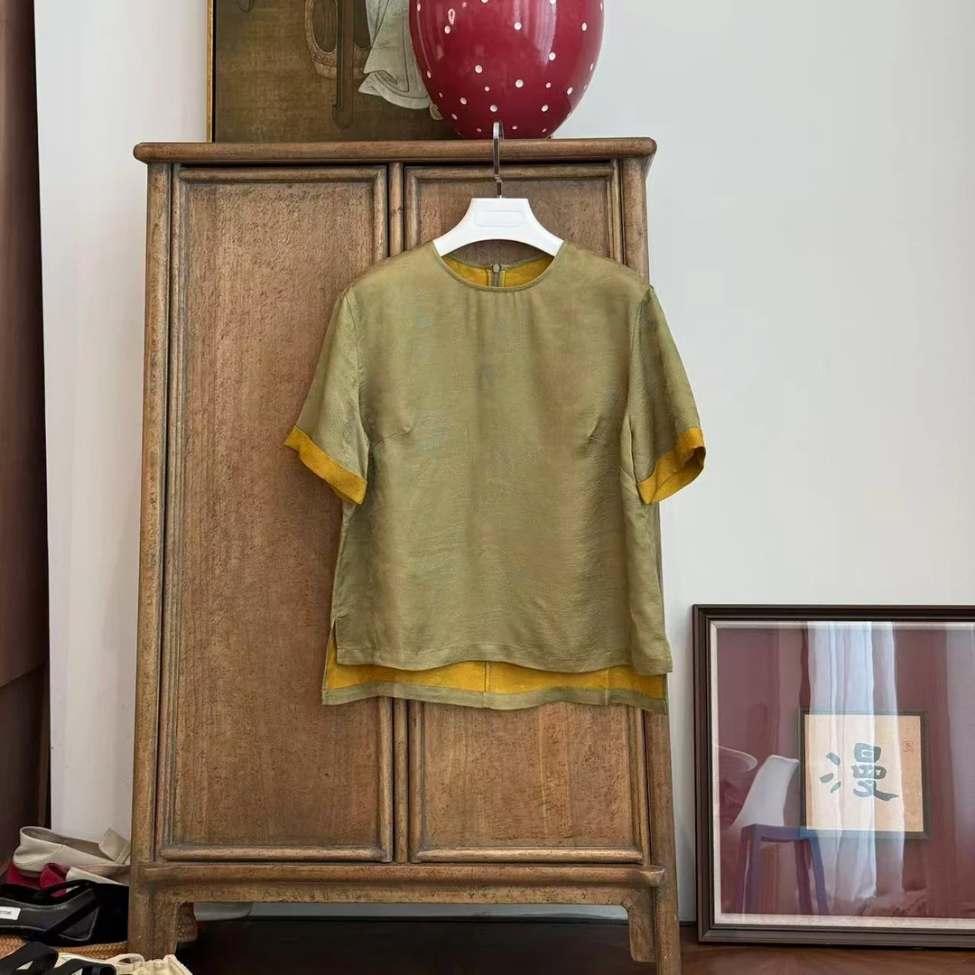 MYL 2025A夏季新品人丝绿色衬衫圆领短袖套头休闲宽松前短上衣