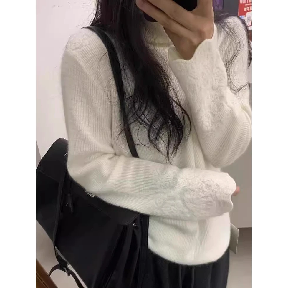 parkyeon韩系软糯高领钩花毛衣女秋季新款设计感小众针织衫上衣