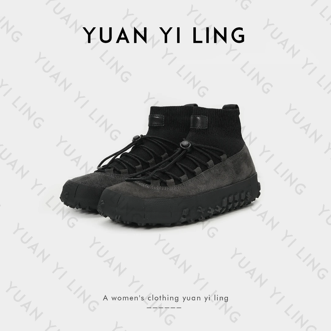 YUAN YI LING【户外系列】25春上新牛皮飞织拼接抽绳束口高帮休闲鞋