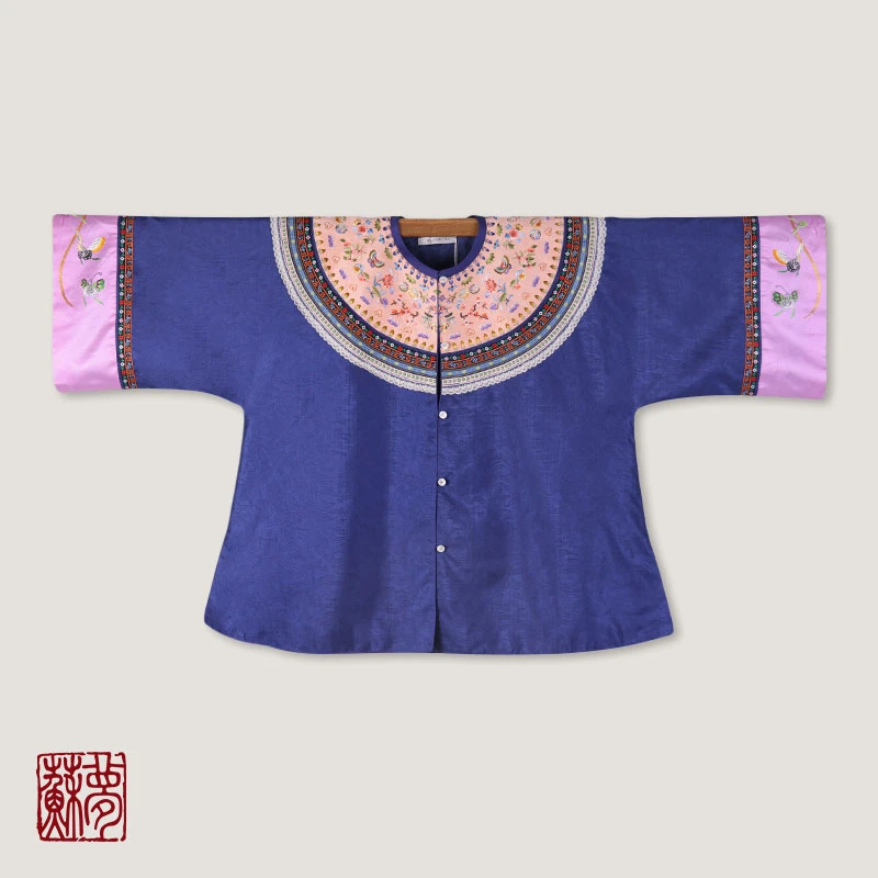 蘇夢【清疏琉璃】香云纱蓝色橘领手绣圆领对襟上衣中式01031398