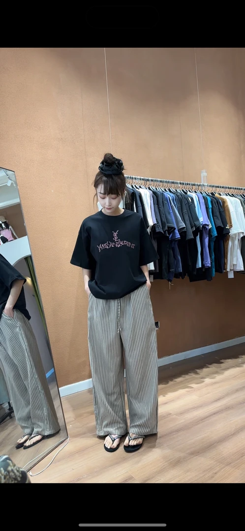 猫猫的店 条纹棉布阔腿裤