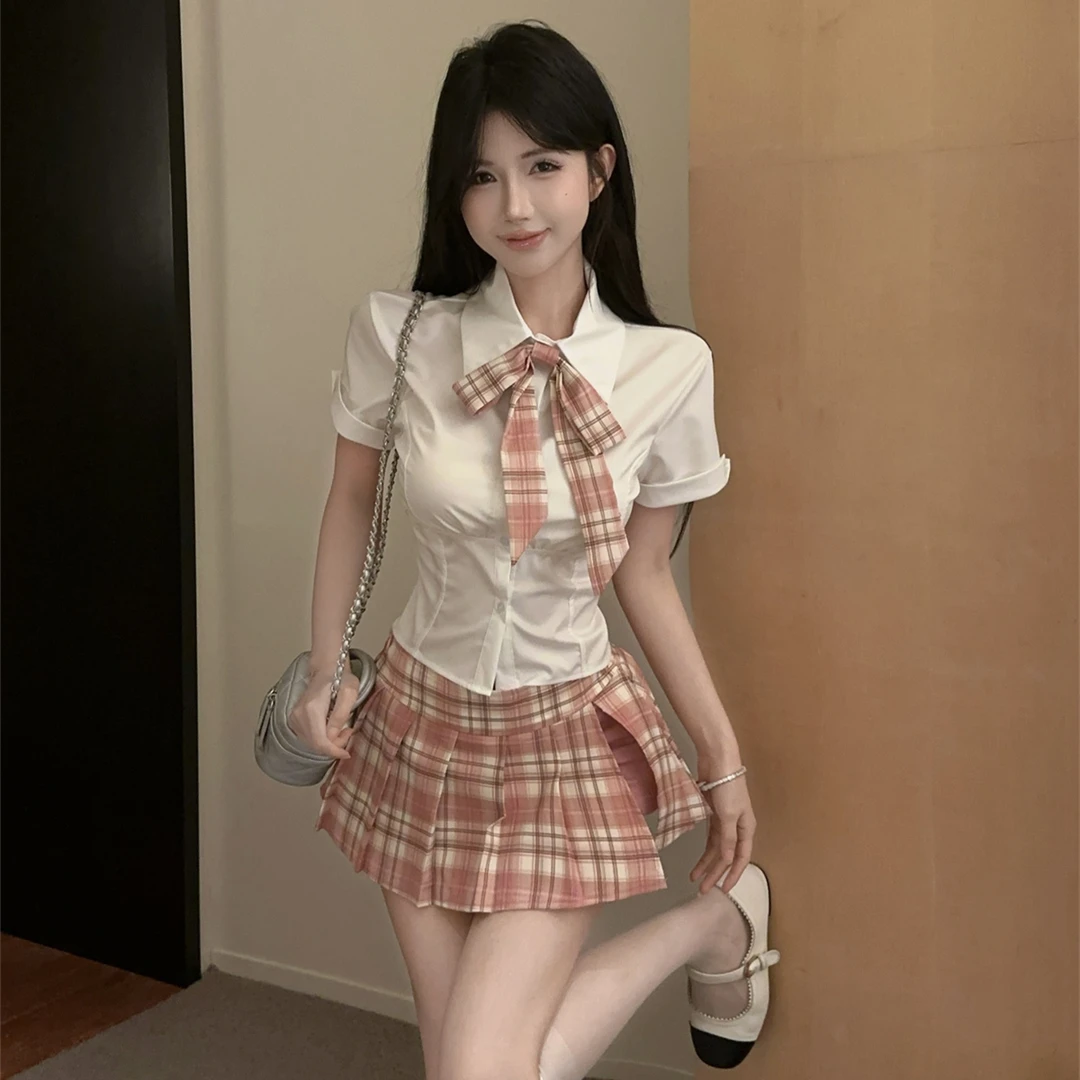 夏季两件套装学院风jk制服蝴蝶结POLO领短袖衬衫+格纹百褶半身裙