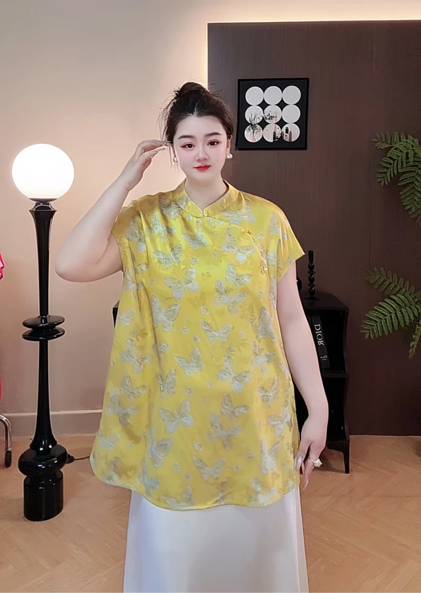 （闪蝶）大码定制新中式国风落肩袖遮手臂上衣6666