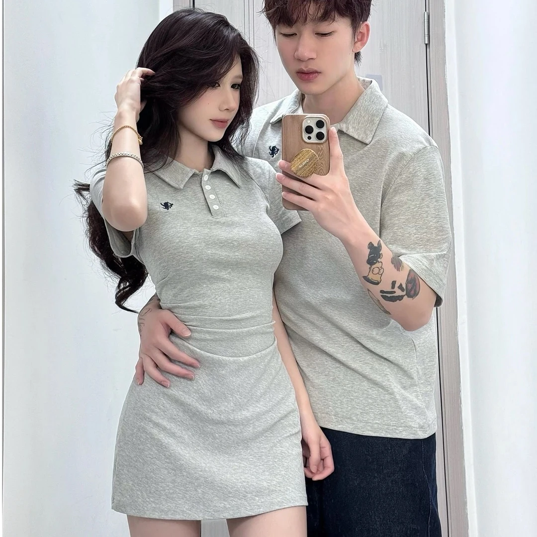 情侣装夏季新款小众设计感一裙一衣刺绣收腰女连衣裙男POLO衫T恤